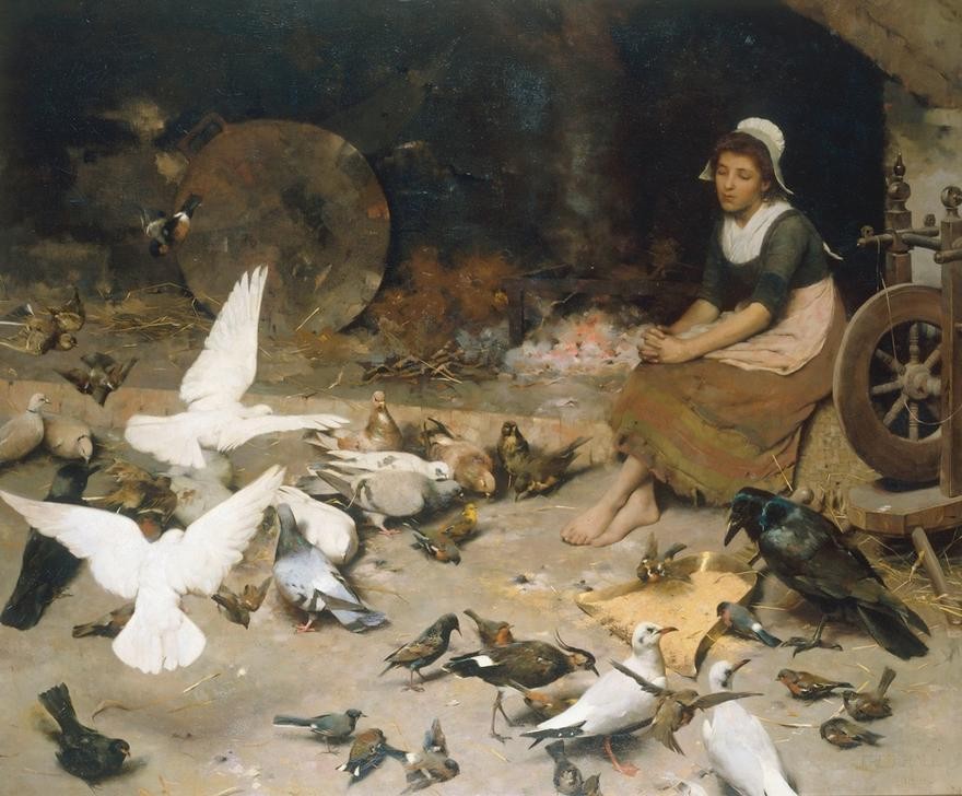 Fred Hall, Cinderella: Grimm’s Fairy Tale (Dienstboten,Kunst,Literatur,Märchen,Taube,Vogel,Krähe,Möwe,Tierliebe,Spinnrad,Englische Kunst,Fütterung,Sperling (Vogel),Illustration,Barfuss,Taubenfüttern,Küchenmagd,Frau Und Tier,Mensch Und Tier)