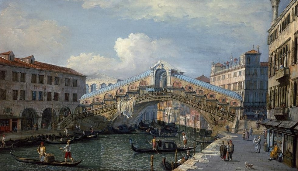 Giovanni Antonio Canaletto, Die Rialto-Brücke von Süden (Architektur, Städte, Venedig, Vedute, Architektur, Palazzi, Canal Grande, Rialto-Brücke, Wasserstraße, Gondeln, Boote, Barock, Klassiker, Wunschgröße, Wohnzimmer)