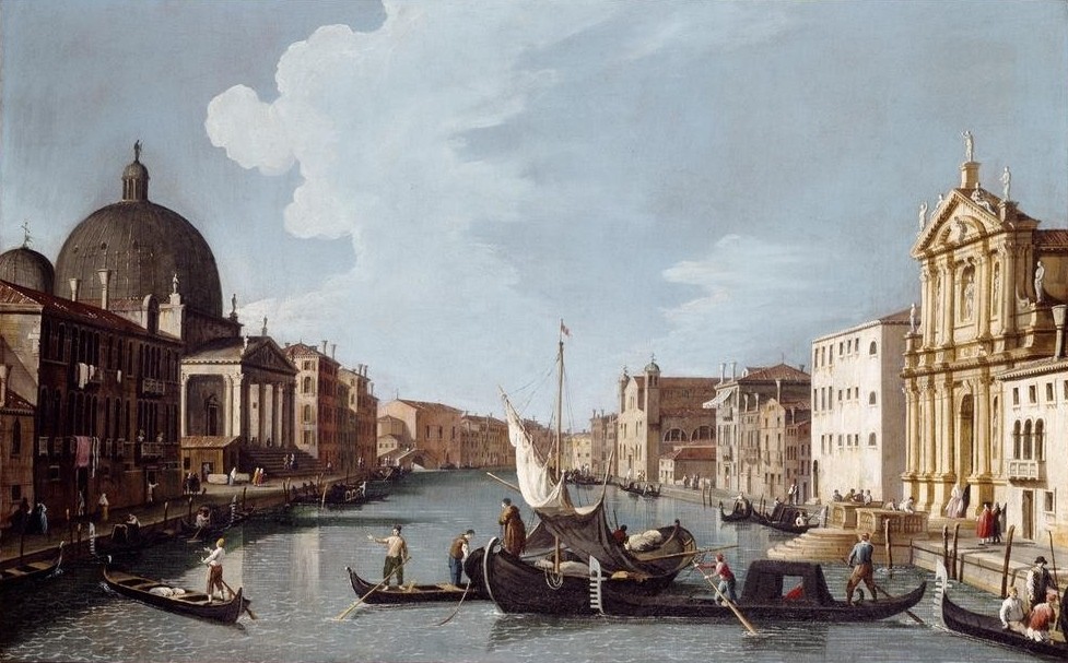 Giovanni Antonio Canaletto, Canal Crande in südwestlicher Richtung mit S.Simeone Piccol (Architektur, Städte, Venedig, Vedute, Architektur, Palazzi, Kirche San Simeone, Canal Grande, Wasserstraße, Gondeln, Boote, Barock, Klassiker, Wunschgröße, Wohnzimmer)