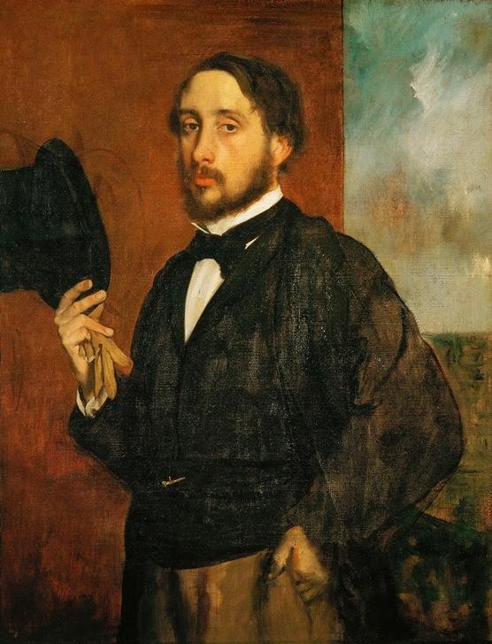 Edgar Degas, Selbstbildnis (Handschuh,Künstler,Maler (Künstler),Mann,Zylinder (Hut),Hutlüften,Impressionismus,Hut,Selbstbildnis,Portrait,Französische Kunst,Kleidung (Allgemein),Blick Aus Dem Bild,Person,Mütze)