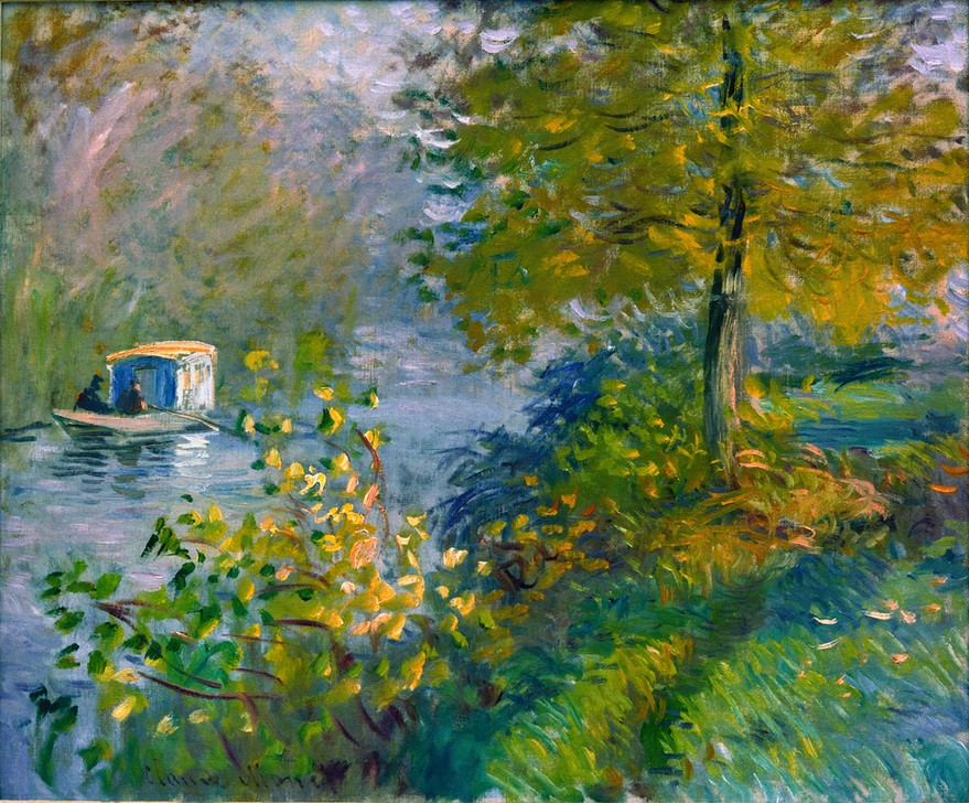 Claude Monet, Le bateauatelier (Atelier,Boot,Freilichtmalerei,Herbst,Jahreszeiten,Künstlerleben,Landschaft,Maler (Künstler),Rudern,Szene,Impressionismus,Französische Kunst,Atelierboot,Person,Schifffahrt)