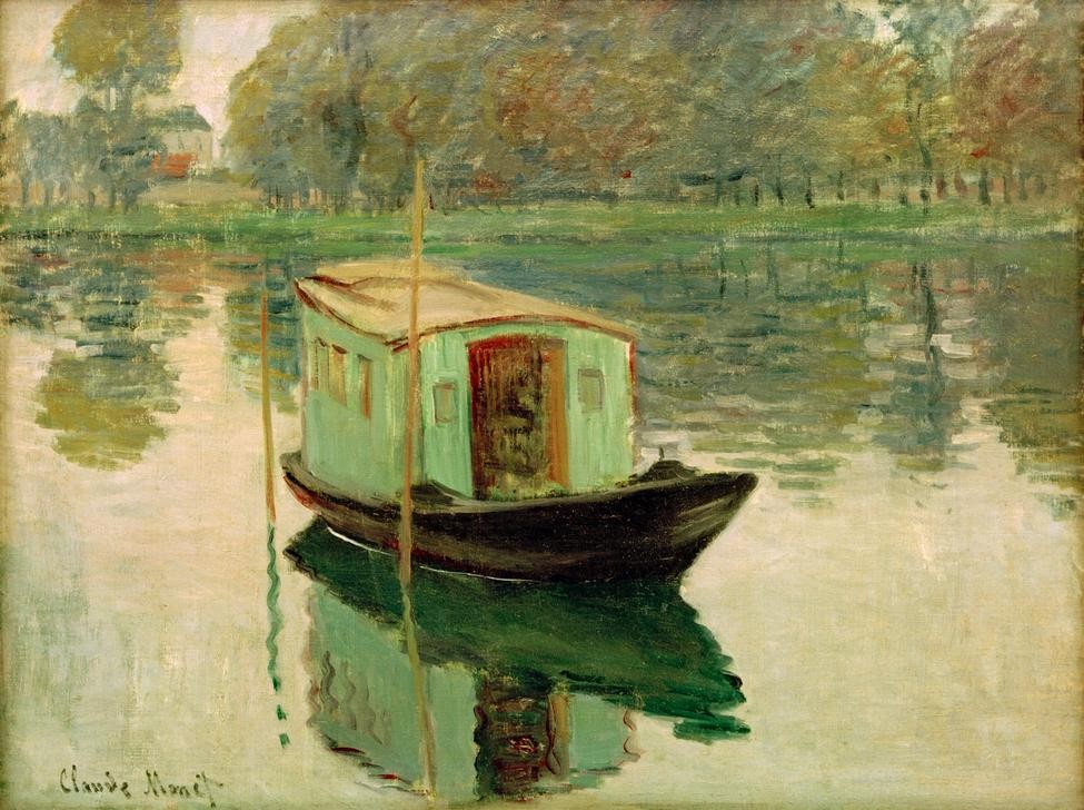Claude Monet, Le bateau-atelier (Atelier,Boot,Freilichtmalerei,Künstlerleben,Landschaft,Maler (Künstler),Szene,Impressionismus,Fluss,Französische Kunst,Atelierboot,Person,Schifffahrt)