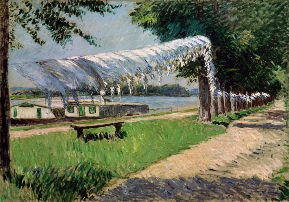 Gustave Caillebotte, Linge séchant au bord de la Seine, Petit Gennevilliers (Kunst,Landschaft,Schiff,Impressionismus,Fluss,Lastkahn,Französische Kunst,Wäsche,Illustration,Wäscheleine,Flusschiffahrt,Wäschetrocknen)