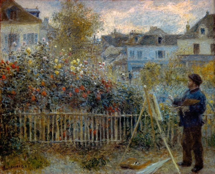 Pierre-Auguste Renoir, Monet peignant dans son jardin à Argenteuil (Freilichtmalerei,Künstlerleben,Kunst,Maler (Künstler),Szene,Staffelei,Impressionismus,Künstler Bei Der Arbeit,Zaun,Hausgarten,Französische Kunst,Menschen Im Garten,Blume,Person,Garten)