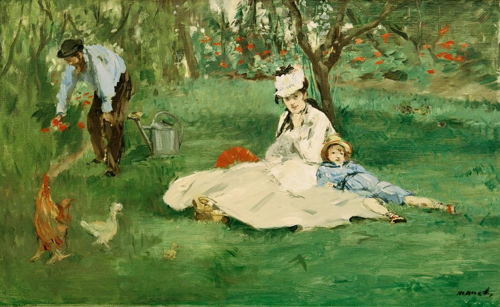 Claude Monet, La famille Monet au jardin (Eltern Mit Kind,Familie,Gruppenbild,Künstlerleben,Künstler,Maler (Künstler),Portrait,Hausgarten,Gartenarbeit,Französische Kunst,Idylle,Kleinfamilie,Familienleben,Menschen Im Garten,Person,Garten)