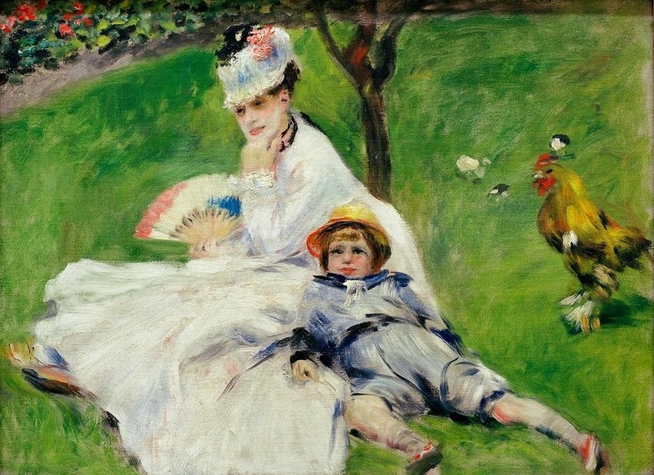 Pierre-Auguste Renoir, Madame Claude Monet avec son fils Jean dans le jardin à Arg (Fächer,Frau,Huhn,Kind,Maler (Künstler),Mode,Mutter Und Kind,Impressionismus,Matrosenanzug,Ehefrau Von Berühmten,Portrait,Mutter Und Sohn,Französische Kunst,Kleid,Menschen Im Garten,Sohn,Ausruhen,Sohn Von Berühmten,Doppelportrait,Kopf Stützen,Person)