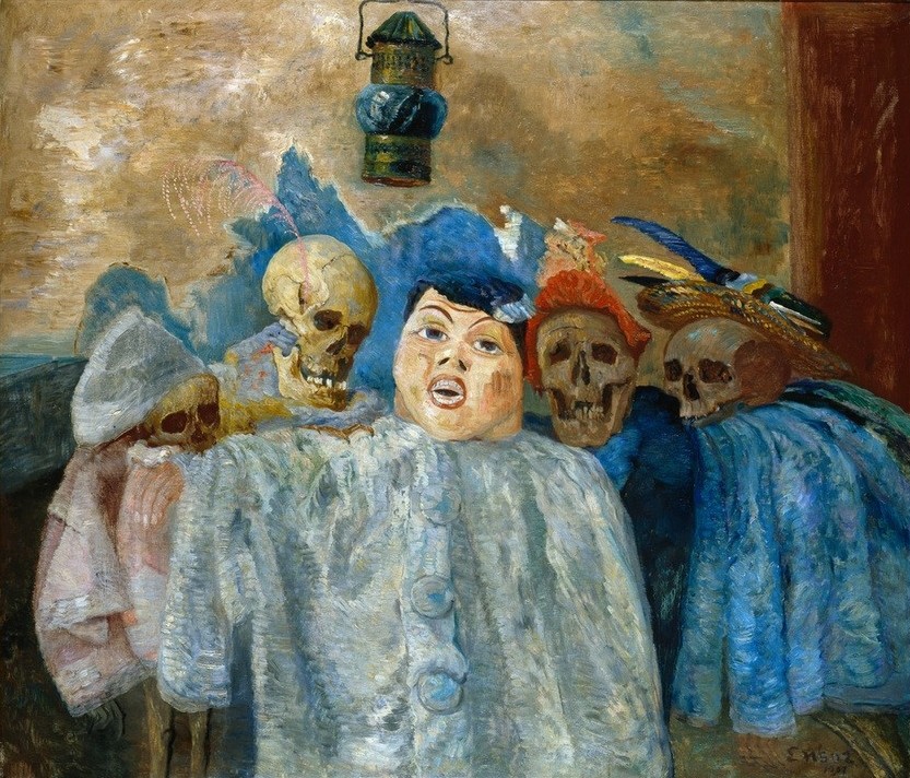 James Ensor, Pierrot et squelettes (Feste,Kalenderfeste,Kunst,Laterne,Maskerade,Mensch,Petroleumlampe,Theater,Tod,Totentanz,Symbolismus,Knochenmann,Phantastische Kunst,Totenkopf,Pierrot,Belgische Kunst,Maske (Gegenstand),Les Xx,Karneval,Verkleidung,Signatur)