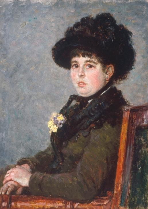 Gustave Caillebotte, Portrait de femme au chapeau à plumes (Damenhut,Damenmode,Frau,Kopfbedeckung,Kunst,Mensch,Mode,Impressionismus,Hut,Portrait,Französische Kunst,Sitzen,Halbfigur,Hutfeder)