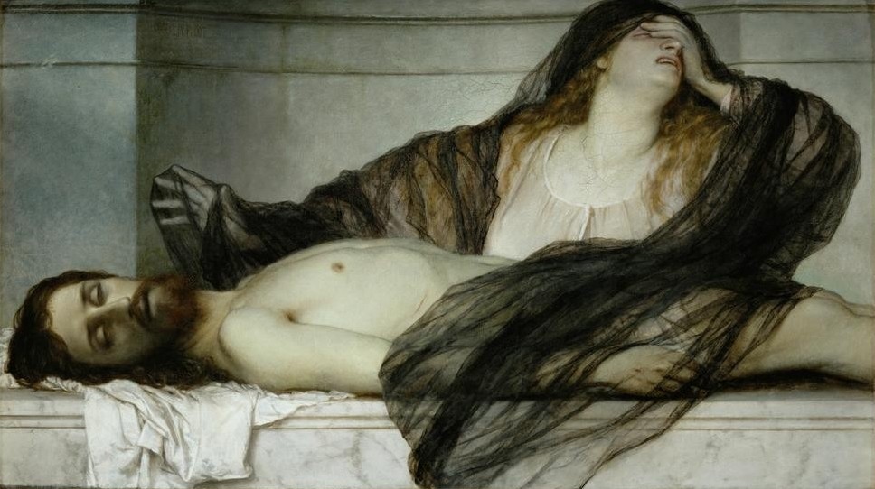 Arnold Böcklin, Trauer der Maria Magdalena an der Leiche Christi (Christentum, Leid, Trauer, Beweinung, Christus, Leiche, Religion, Neues Testament, Bibel, Totenklage, Schmerz, Passion Christi, Symbolismus, Wunschgröße, Klassiker, Wohnzimmer, bunt)