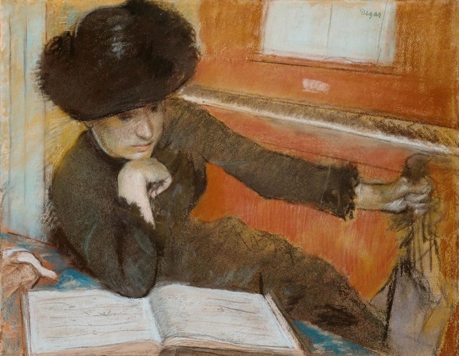 Edgar Degas, Femme assise devant un piano (Buch,Frau,Kunst,Leser,Literatur,Notendruck,Impressionismus,Portrait,Klavier,Französische Kunst,Frauenleben,Leserin,Kopf Stützen)