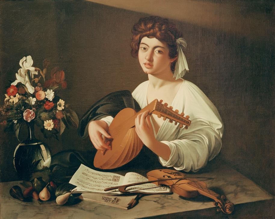 Caravaggio, Der Lautenspieler (Gesang, Jüngling, Jugend,  Laute, Musik, Noten, Saiteninstrument Geige, Instrumente, Knickhalslaute, Stilleben, Blumen, Hell-Dunkel, Barock, Klassiker, Malerei, Wunschgröße, Wohnzimmer)