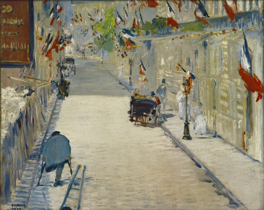 Edouard Manet, La Rue Mosnier aux drapeaux (Flagge,Geographie,Geschichte,Krücken,Kutsche,Strassenszene,Verkehr,Nationalfeiertag,Invalide,Dritte Republik (1870-1940),Französische Kunst,Fussgänger,Holzbein,Trikolore,Feiertag,Fahnenschmuck,Topographie)