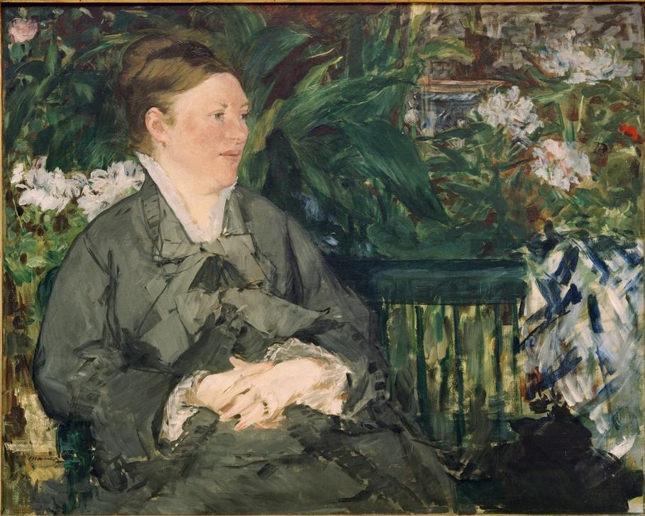 Edouard Manet, Portrait de Madame Manet dans la serre (Frau,Maler (Künstler),Bank (Sitzgelegenheit),Wohnung,Portrait,Künstlerfrau,Französische Kunst,Sitzen,Person,Wintergarten (Architektur))
