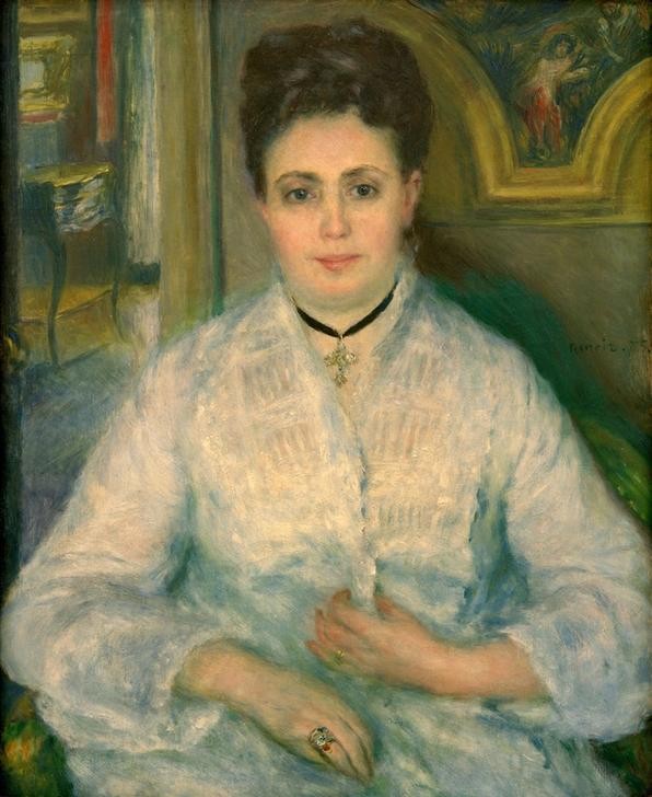 Pierre-Auguste Renoir, Portrait de Madame Victor Choquet en blanc (Frau,Maler (Künstler),Mensch,Impressionismus,Portrait,Französische Kunst,Kleid,Halsband,Samtband,Sitzen,Junge Frau,Halbfigur,Weiss (Farbe))
