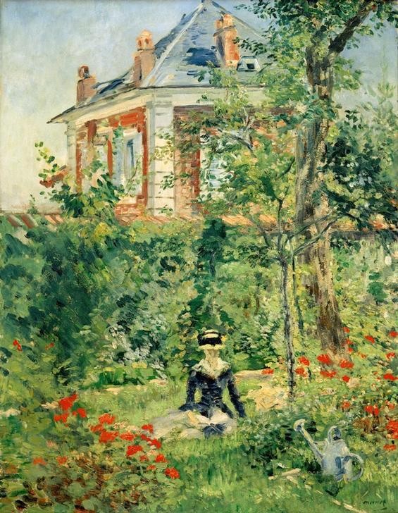 Edouard Manet, Im Garten von Bellevue (Frau,Garten Und Park,Haus,Landschaft,Menschen Im Park,Freizeit,Wohnhaus (Allgemein),Hausgarten,Giesskanne,Französische Kunst,Menschen Im Garten,Sonnenlicht,Frauenleben,Garten)