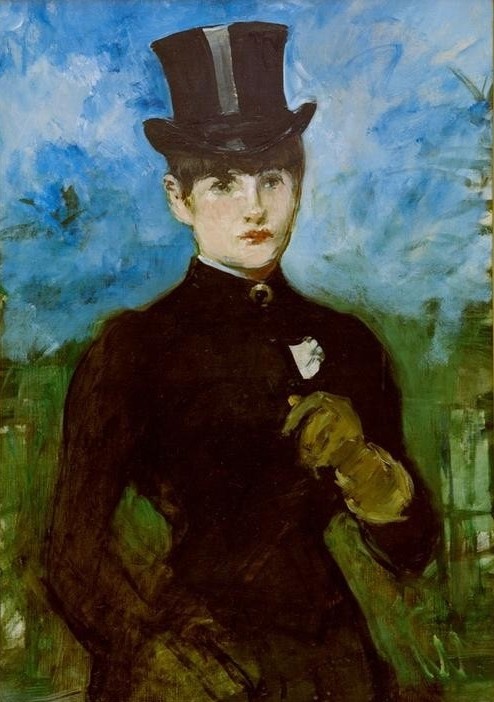 Edouard Manet, Amazone, fond bleu (Damenmode,Frau,Mensch,Mode,Pferdesport,Sport,Zylinder (Hut),Portrait,Reitkleidung,Französische Kunst,Reiterin,Sportbekleidung,Reiten,Reitkostüm)