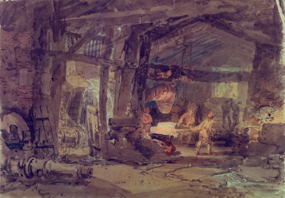 JOSEPH MALLORD WILLIAM TURNER, Das Innere einer Eisengießerei (Arbeiter,Arbeit,Eisen Und Stahl,Giesserei,Industrie,Metall,Wirtschaft (Ökonomie),Technik,Industrialisierung,Englische Kunst)