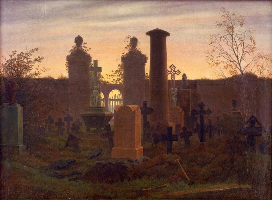 Caspar David Friedrich, Kügelgens Grab (Deutsche Kunst,Friedhof,Grab,Grabmal,Kreuz,Kunst,Morgenrot,Tod,Tageszeiten,Morgen,Allegorie,Grab Von Berühmten,Grabkreuz,Romantik,Person,Symbolik)