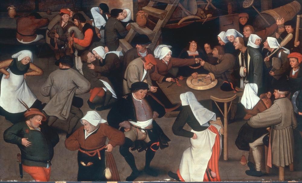 Pieter Brueghel der Jüngere, Der Hochzeitstanz im Innenraum (Gesellschaftstanz,Hochzeit,Kunst,Liebe Und Ehe,Mensch,Musik,Tanz,Volkskunde,Volkstanz,Genre,Niederländische Kunst,Landleben,Ausgelassenheit,Landbevölkerung,Dorfbewohner,Dorfleben,Komik)