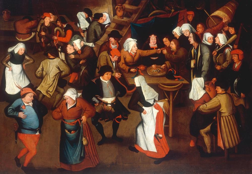 Pieter Brueghel der Jüngere, Der Hochzeitstanz im Innenraum (Gesellschaftstanz,Hochzeit,Kunst,Liebe Und Ehe,Mensch,Musik,Tanz,Volkskunde,Volkstanz,Genre,Niederländische Kunst,Landleben,Ausgelassenheit,Landbevölkerung,Dorfbewohner,Dorfleben,Komik)