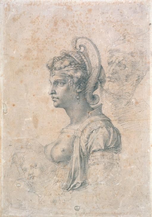 MICHELANGELO BUONARROTI, Weibliche und männliche Kopfstudie (Frau, Portrait,  Mythologie, Schönheit, Busen, Flechtfrisur, Helm, Haube, , Skizze, Zeichnung, Klassiker, Renaissance, Wunschgröße, schwarz/weiß)