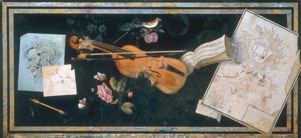 Pietro Antonio Paolini, Tischplatte mit Scagliola Florenz (Möbel,Musik,Geige,Instrument,Rokoko,Tisch,Stillleben,Trompe L'oeil,Tischplatte,Blüte,Scagliola,Artefakt,Streichinstrument)