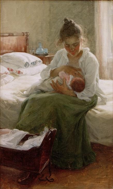 Elin Danielson-Gambogi, Mutter  (Schafzimmer, Bett, Interieur, Frau, Mutter, Baby, stillen, Wiege, Genre, Realismus, Klassiker, Wunschgröße, Wohnzimmer,)
