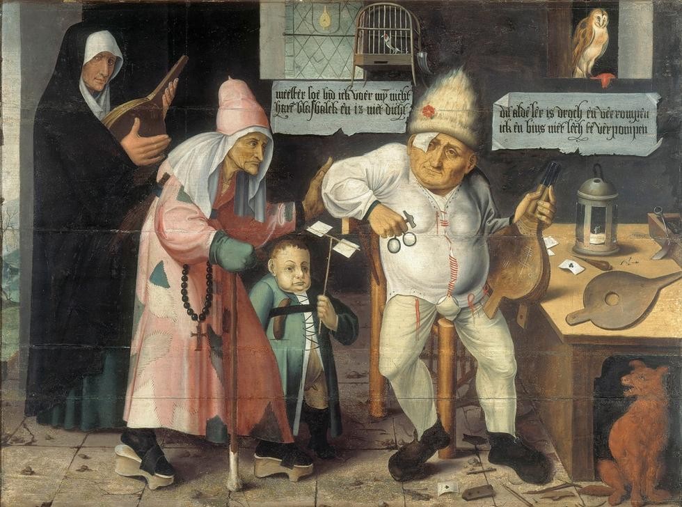 Cornelis Massys, Der Blasebalgflicker (Beruf,Brille,Elemente,Eule,Flämische Kunst,Kind,Kunst,Laterne,Luft,Spielzeug,Werkstatt (Allgemein),Renaissance,Flicken,Genre,Rosenkranz,Niederländische Kunst,Vogelkäfig,Blasebalg,Reparatur,Haustier,Windrad,Holzschuhe,Schamkapsel,Blasebalgmacher,Blasebalgf)