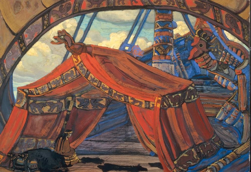 Nicholas Roerich, Bühnenbildentwurf zum 1. Akt (Tristans Schiff) (Bühnenbild,Kunst,Musik,Oper,Segelschiff,Theater,Russische Kunst,Deck,Person,Schifffahrt)