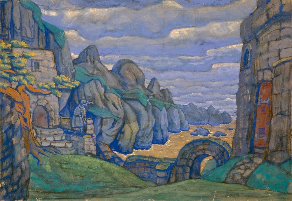 Nicholas Roerich, Bühnenbildentwurf zum 3. Akt Tristan und Isolde (Bühnenbild,Burg (Bauwerk),Kunst,Landschaft,Musik,Oper,Theater,Russische Kunst,Person)