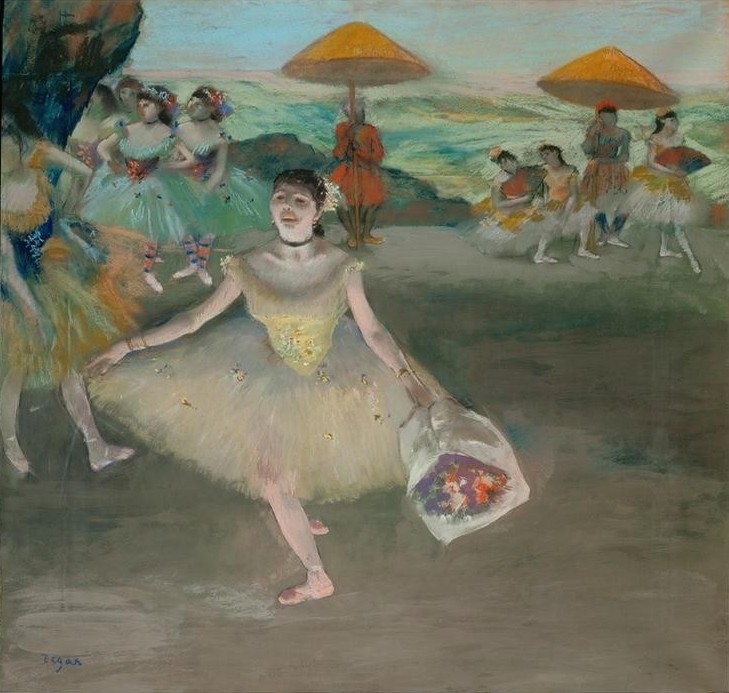 Edgar Degas, Dancer on stage (Kind,Tänzer,Tanz,Theater,Impressionismus,Bühne,Kleidung (Allgemein),Blume)