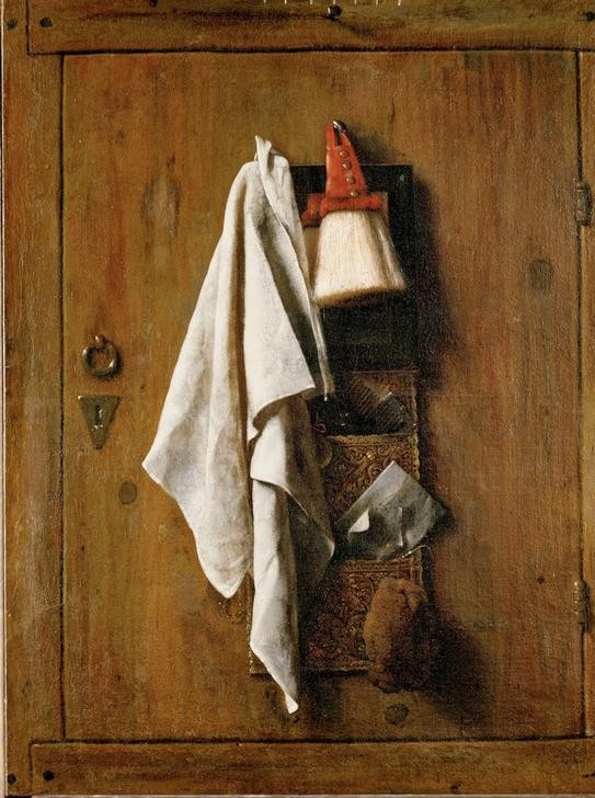 Unbekannt, Trompe l’oeil. Oil on canvas (1655) (Stillleben,Trompe L'oeil, Holztür, Tuch, Rasierpinsel, Utensilien, Kämme, Wunschgröße, Klassiker, Wohnzimmer, Treppenhaus)