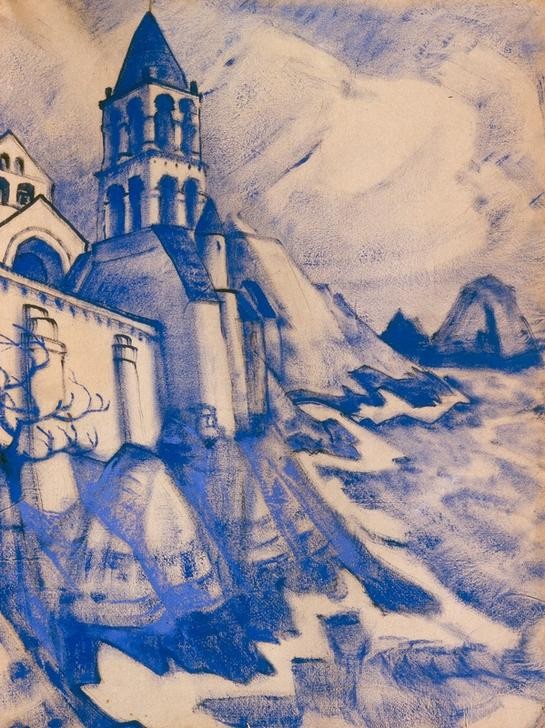 Nicholas Roerich, Bühnenbildentwurf für das Schauspiel ‘Prinzessin Malain' (Bühnenbild,Kirche,Kunst,Theater,Russische Kunst,Architekturdarstellung)