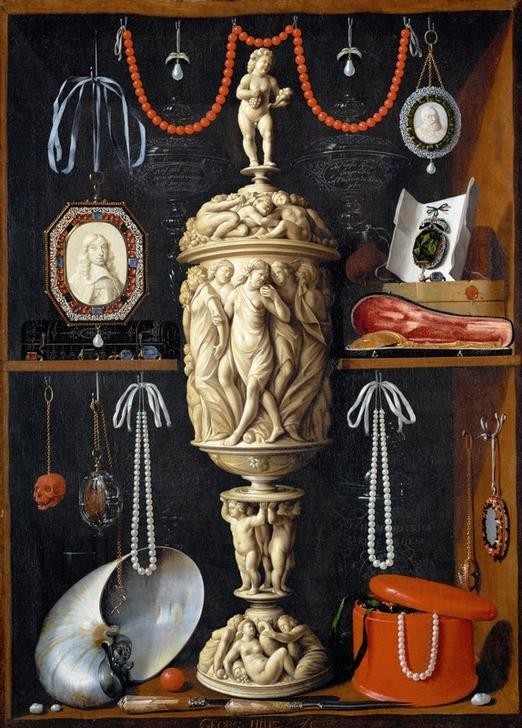 Georg Hainz, A cabinet with objects d’art. Sp 768 (Deutsche Kunst,Elfenbein,Kunst,Möbel,Schmuck,Schrank,Barock,Stillleben,Regal,Perlenkette,Kabinettschrank,Pokal,Muschel,Trompe L'oeil,Medaillon,Sammlung,Kunstkammer,Schatulle,Sammelsurium,Kunst- Und Wunderkammer)