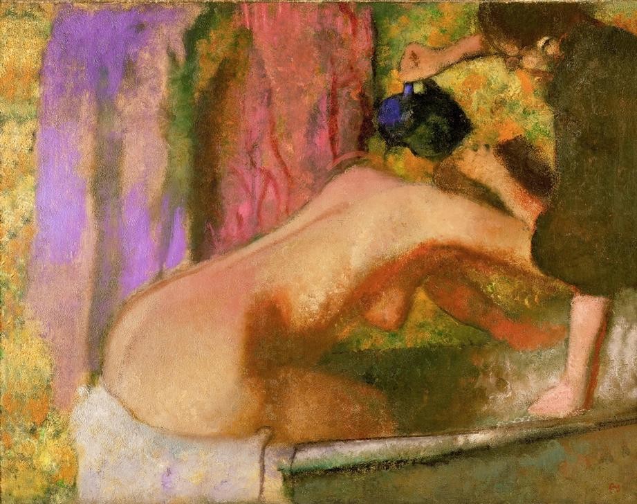 Edgar Degas, Woman in her bath (Bad,Mädchen,Schwimmen,Sport,Wasser,Impressionismus,Akt,Portrait,Diener,Badezimmer,Leben,Kopf,Badewanne,Vier Elemente)