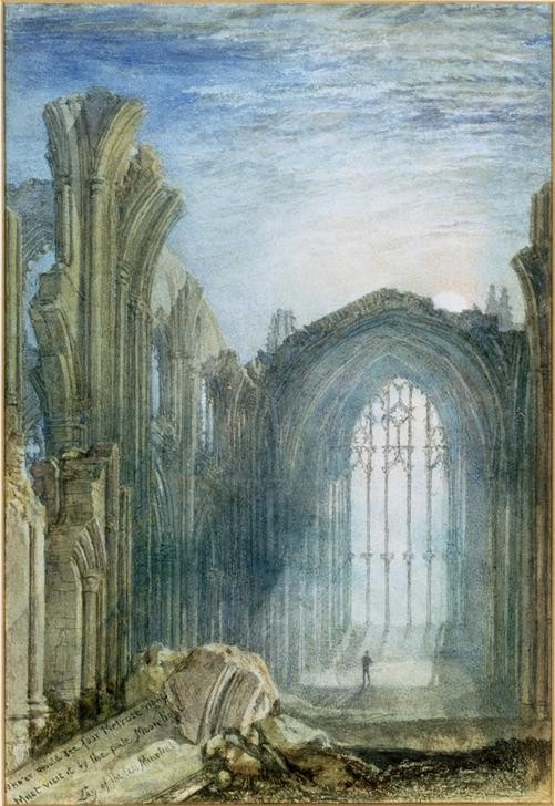 JOSEPH MALLORD WILLIAM TURNER, Melrose Abbey: An Illustration to Sir Walter Scott’s The La (Geographie,Kirche,Kloster,Klosterkirche,Kunst,Ruine,Vedute,Architekturdarstellung,Englische Kunst,Innenansicht,Romantik,Topographie)