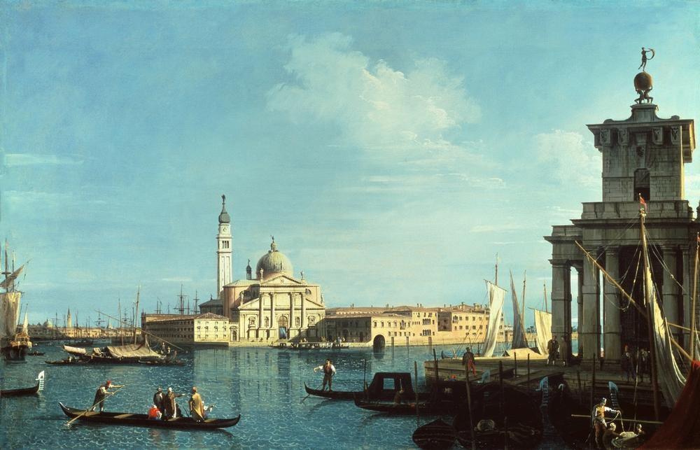 Giovanni Antonio Canaletto, Blick vom Canal Grande mit der Punta della Dogana zur Isola (Städte, Venedig, Vedute, Insel, Palladio, Architektur, San Giorgio, Gondeln, Canal, Wunschgröße, Wohnzimmer, Klassiker,  Barock)