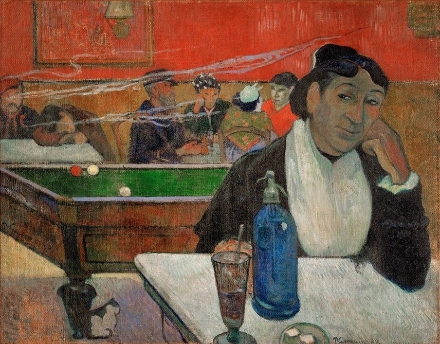Paul Gauguin, Madame Ginoux at the Cafe de la Gare in Arles (Billard,Möbel,Tabak,Tisch,Portrait,Flasche,Rauch,Gefäss,Cafe,Kleidung (Allgemein),Trinkglas,Frisur)