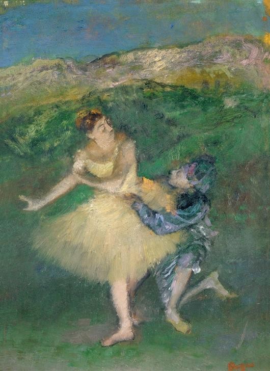 Edgar Degas, Arlequin et Colombine (Ballett,Tänzer,Tanz,Impressionismus,Clown,Hofnarr,Akelei,Kleidung (Allgemein),Blume)