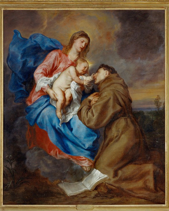 Anthonis van Dyck, Virgin and Child with Saint Anthony (Maria, Mutter Gottes, Jesusknabe, Heiliger Antonius, Kniefall, Religion, Christentum, Neues Testament, Barock, Klassiker, Wunschgröße, Wohnzimmer)