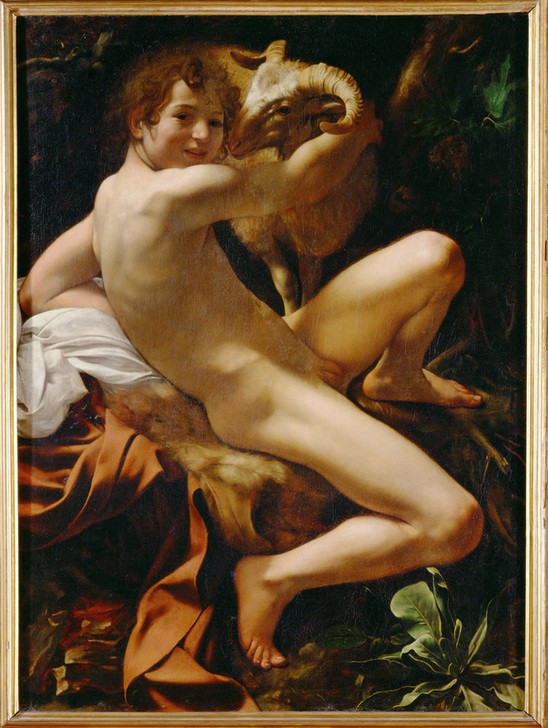 Caravaggio, Johannes der Täufer (Johannes der Täufer, Jüngling, Schäfer, Schaf, Widder,  Aktmalerei, Neues Testament, Bibel, Barock, hell-dunkel, Klassiker, Malerei, Wunschgröße, Wohnzimmer)