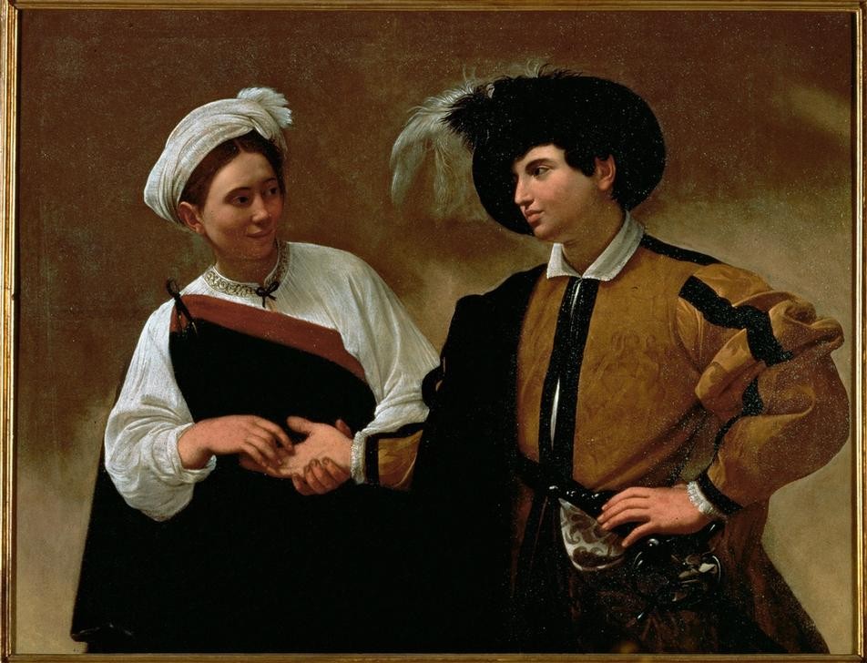 Caravaggio, La Buona Ventura (Frau, Magie, Handlesekunst, Junger Mann, Herrenmode  Esoterik, Aberglaube, Mode, Barock, Klassiker, Malerei, Wunschgröße, Wohnzimmer)