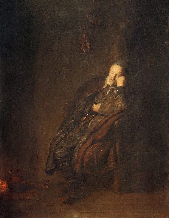 Rembrandt Harmenszoon van Rijn, Schlafender alter Mann beim Feuer (Kunst,Laster,Lebensalter,Mann,Alter,Barock,Portrait,Helldunkel,Niederländische Kunst,Holländische Kunst,Lebensabend,Alter Mann,Sitzen,Ganzfigurig,Schlafen (Schlaf),Im Sitzen Schlafen,Männerleben,Nickerchen)