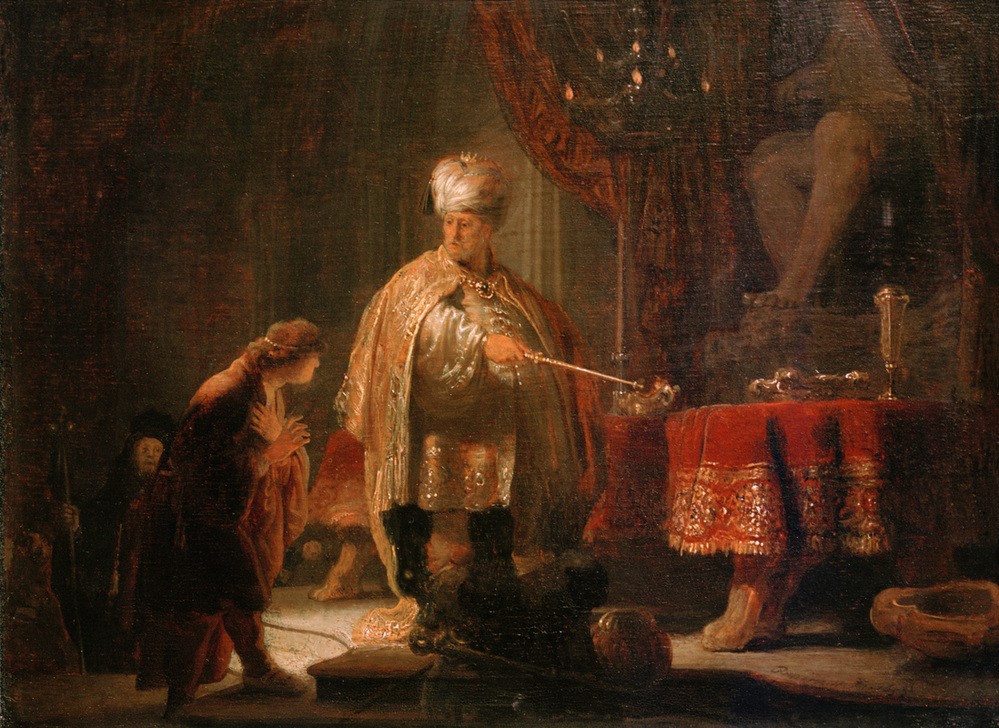 Rembrandt Harmenszoon van Rijn, Daniel und Cyrus vor dem Götzenbild des Bel (Götzendienst,Kunst,Religion,Barock,Altes Testament,Turban,Orientalismus,Bibel,Helldunkel,Niederländische Kunst,Holländische Kunst,Daniel Und Cyrus,Jüdisch-Christlich)