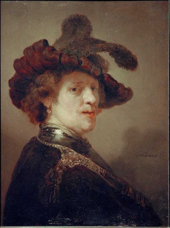 Rembrandt Harmenszoon van Rijn, Selbstbildnis mit Federhut (Kopfbedeckung,Künstler,Kunst,Maler (Künstler),Mann,Offizier,Soldat,Barock,Selbstbildnis,Portrait,Niederländische Kunst,Barett,Holländische Kunst,Brustbild,Blick Über Die Schulter,Person,Hutfeder)