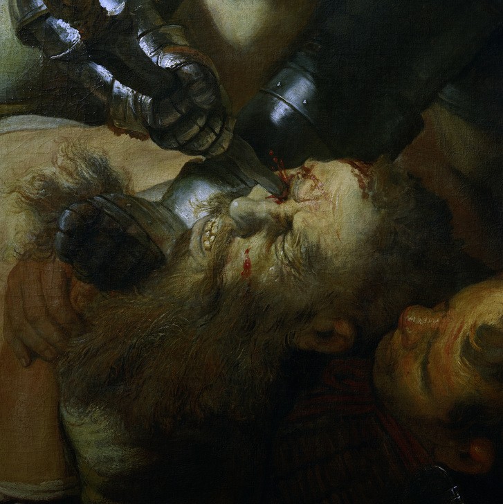 Rembrandt Harmenszoon van Rijn, Die Blendung Simsons (Dolch,Kunst,Samson Und Delilah,Soldat,Barock,Altes Testament,Grausamkeit,Bibel,Philister,Helldunkel,Niederländische Kunst,Blendung,Schmerz,Holländische Kunst,Augenausstechen,Kopf,Kris,Jüdisch-Christlich,Ausschnitt)