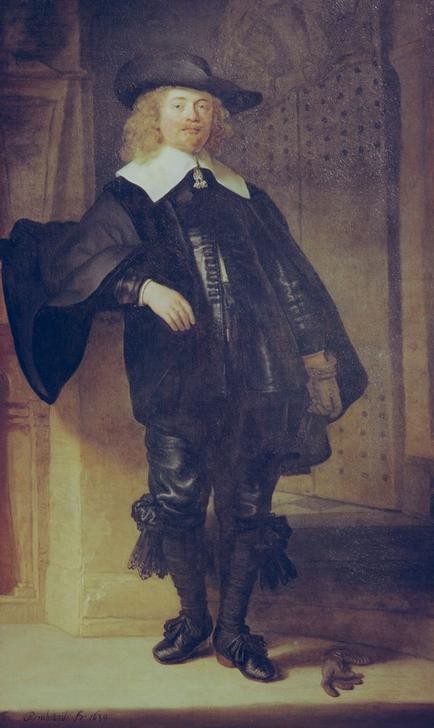 Rembrandt Harmenszoon van Rijn, Porträt von Andries de Graeff (Handschuh,Herrenhut,Herrenmode,Kunst,Mann,Mensch,Mode,Hut,Barock,Portrait,Niederländische Kunst,Holländische Kunst,Ganzfigurig,Umhang)