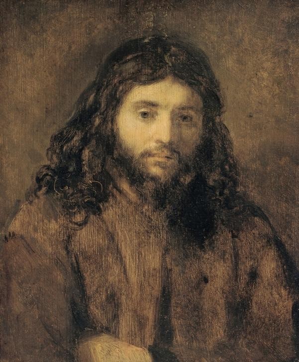 Rembrandt Harmenszoon van Rijn, Christuskopf (Christentum,Juden,Kunst,Mann,Religion,Schönheit,Barock,Neues Testament,Bibel,Portrait,Rembrandtschule,Niederländische Kunst,Holländische Kunst,Langes Haar,Brustbild,Junger Mann)