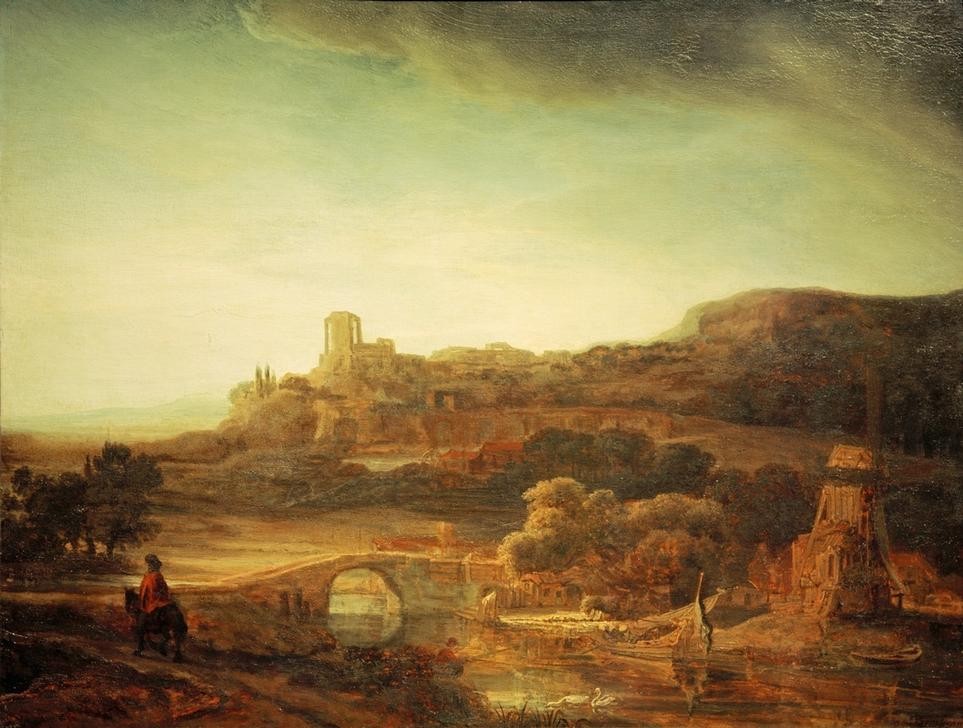 Rembrandt Harmenszoon van Rijn, Flußlandschaft mit Windmühle (Brücke,Kunst,Landschaft,Windmühle,Barock,Fluss,Niederländische Kunst,Holländische Kunst)