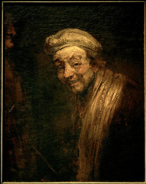 Rembrandt Harmenszoon van Rijn, Selbstbildnis (Künstler,Kunst,Maler (Künstler),Mann,Alter,Barock,Selbstbildnis,Portrait,Helldunkel,Niederländische Kunst,Lächeln,Holländische Kunst,Alter Mann,Person)